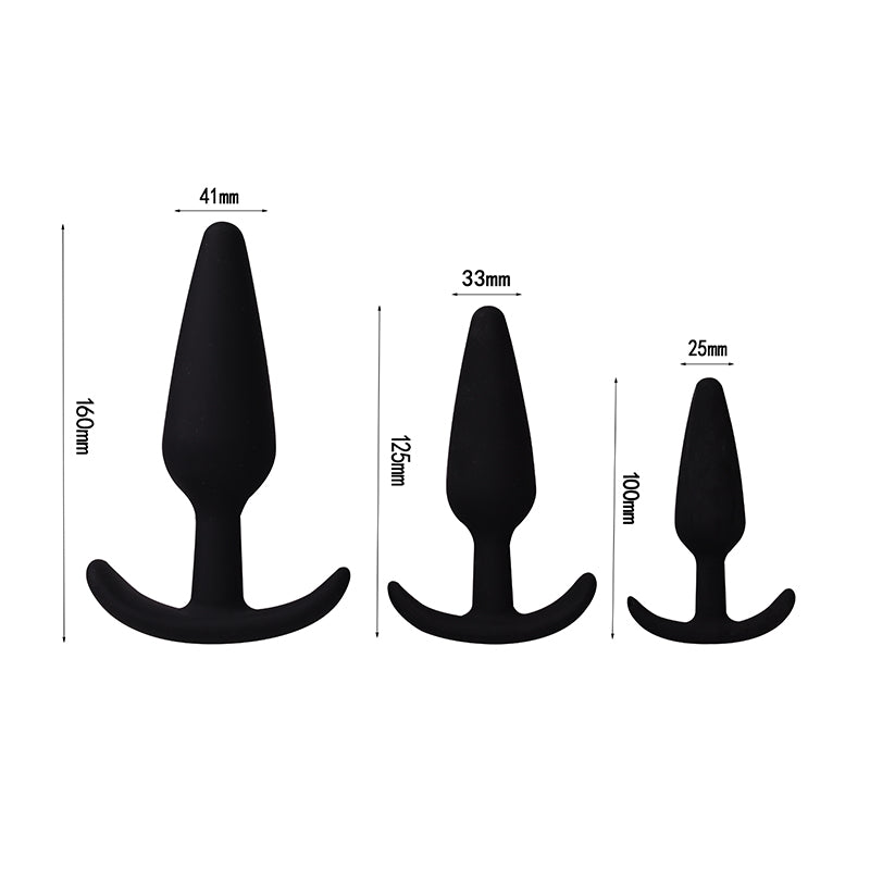 Comparison of three sizes of the 3-piece anal training kit in black by Come Now