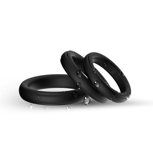 Cock rings for men in black, available in small, medium, and large sizes, side view by Come Now"