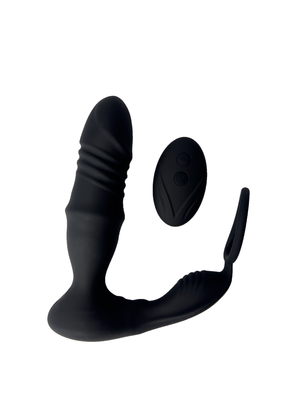 Prostate massager and cock ring on its left side with remote on a white background