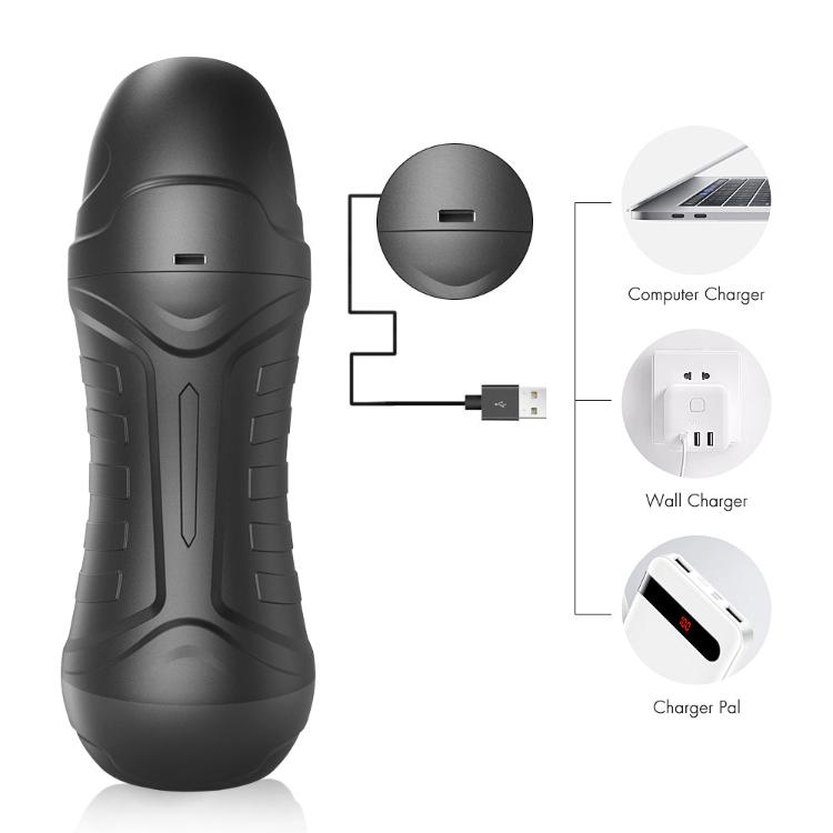 electric fleshlight black back view showing charging options male sex toys come now