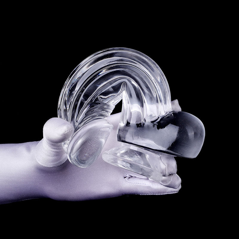 large dildo, transparent color, silicone, bent in hand, Come Now