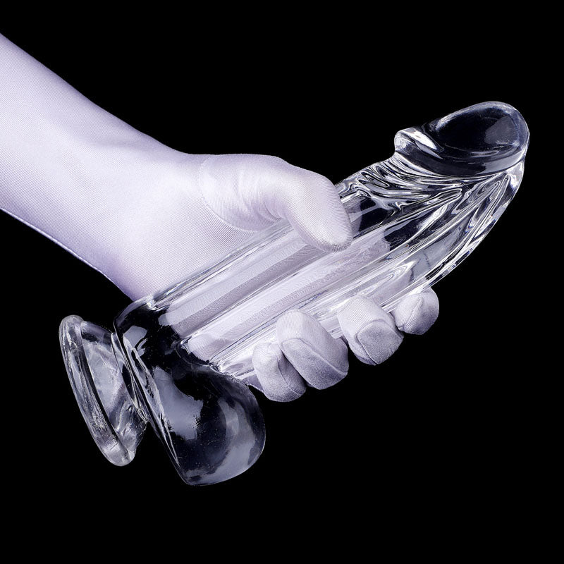 large dildo, transparent color, silicone, being held in hand , Come Now