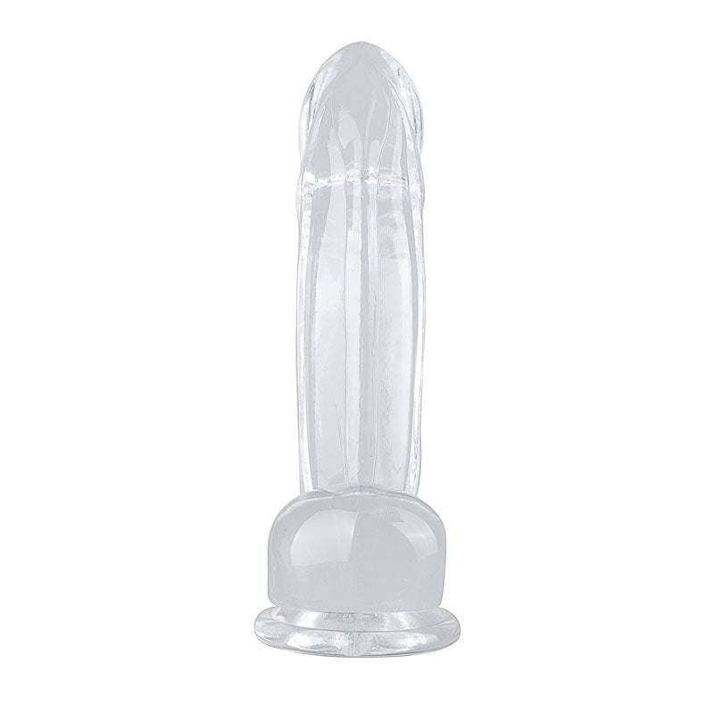 large dildo, transparent color, silicone, front , Come Now