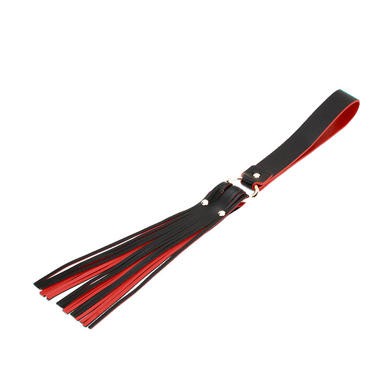 Leather BDSM whip, red and black colour, front side, Come Now