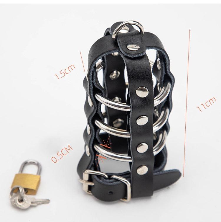 leather-penis-chastity-cage-standing-with-its-dimensions-shown-along-with-the-lock-and-key-beside-it