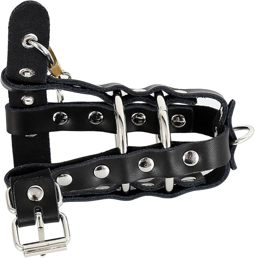close-up-view-of-the-leather-penis-chastity-cage-with-the-strap-unlocked-facing-right