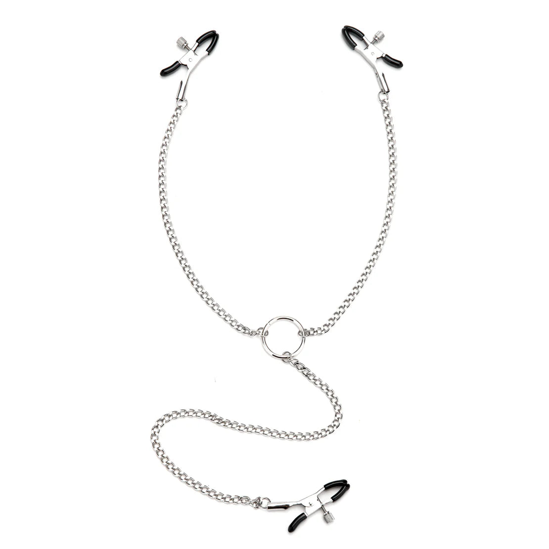 Lux-Fetish-Adjustable-Nipple-Clamps-and-Clit-Clamp-laid-out-on-ground