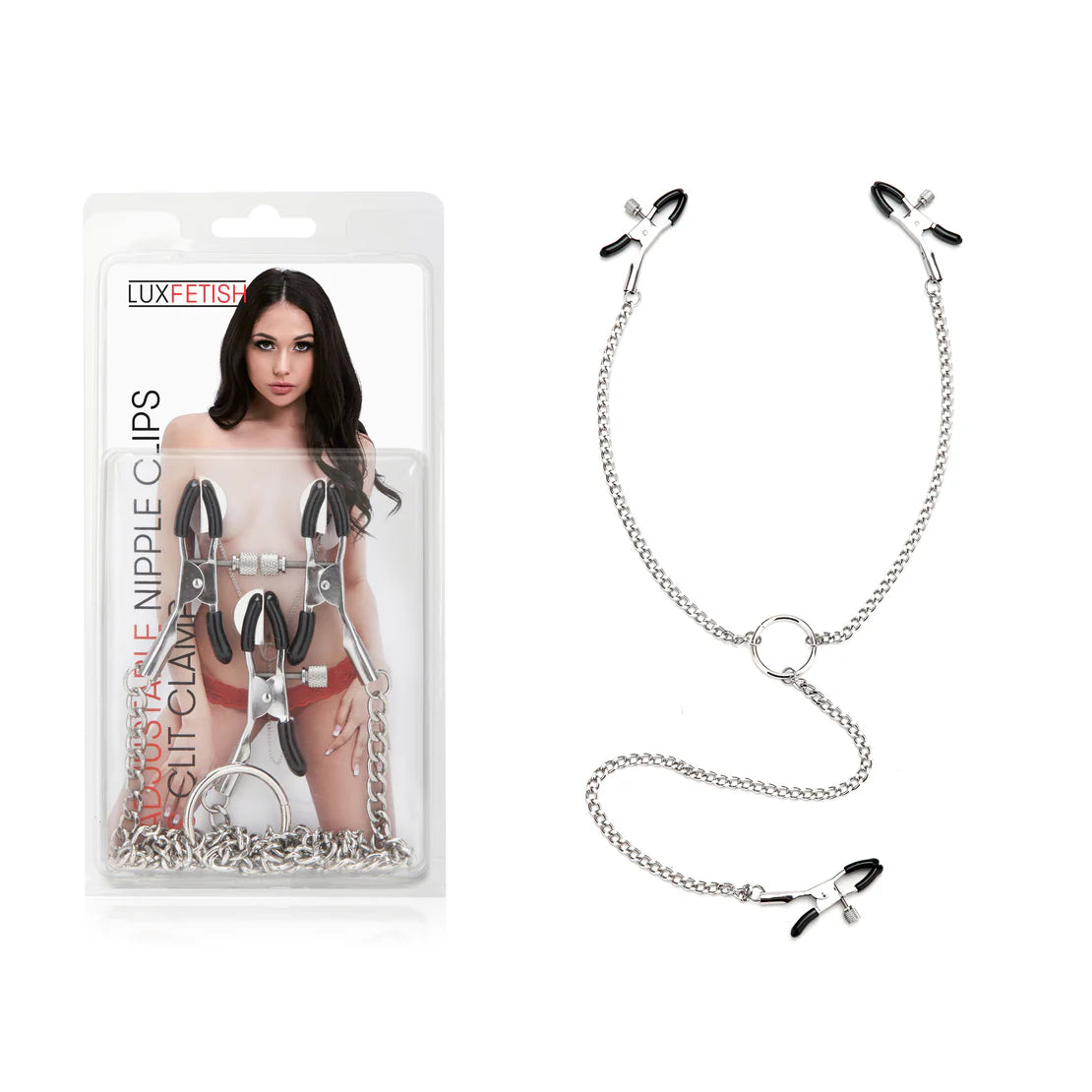 Lux-Fetish-Adjustable-Nipple-Clamps-and-Clit-Clamp-next-to-packaging