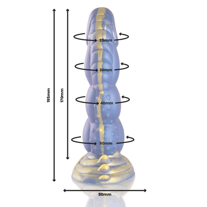 Poseidon Dildo upright showing precise measurements for better fit and pleasure