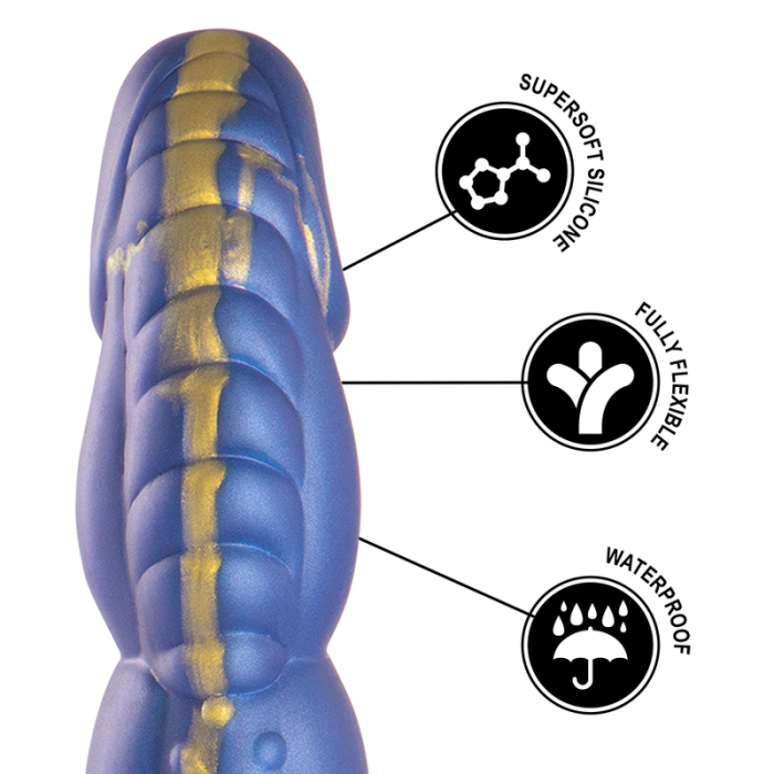 Close-up of Poseidon Dildo showing super-soft silicone, flexibility, and waterproof features