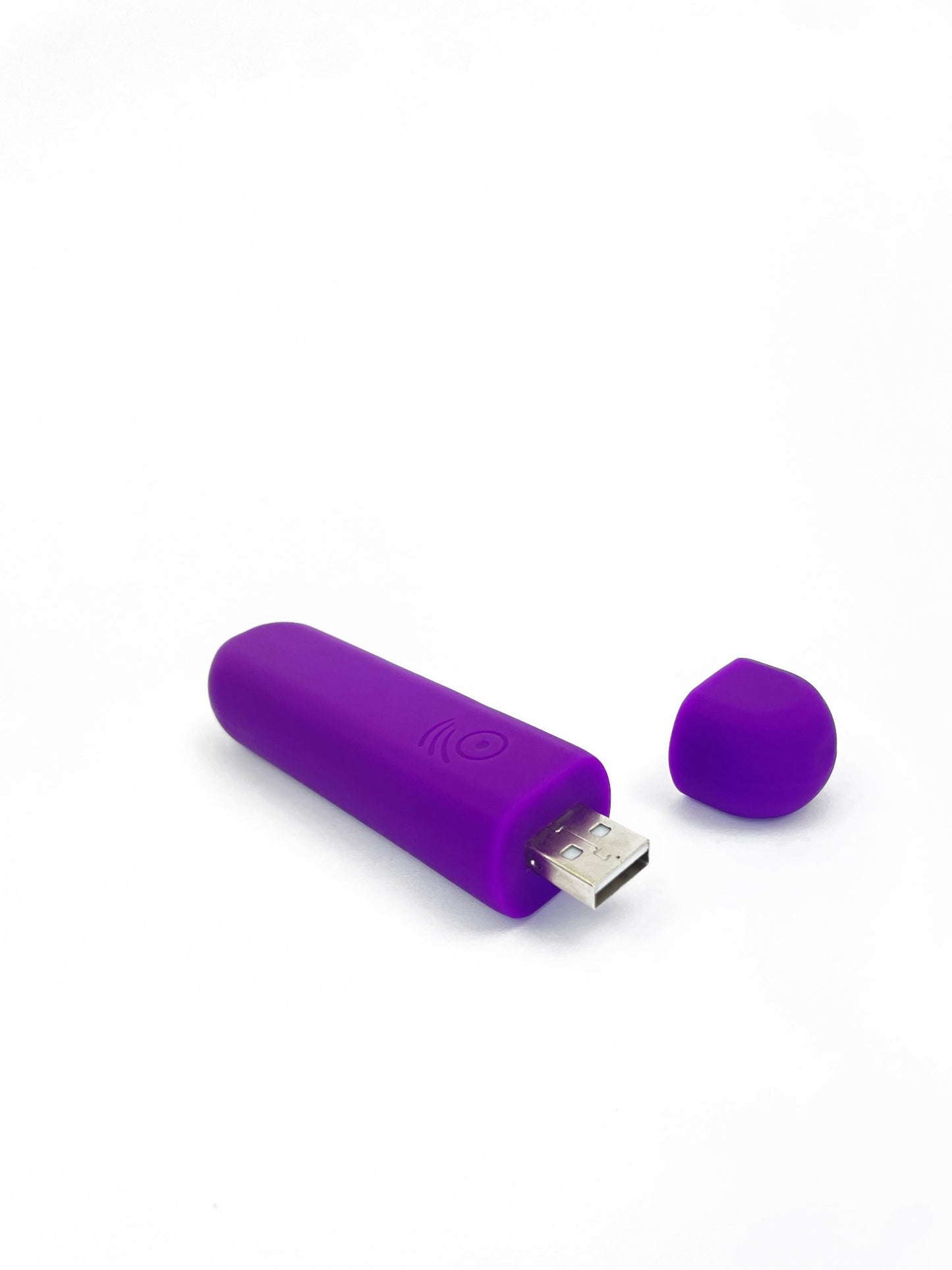 Purple bullet vibrator lying down with the cap removed, showcasing its design and usability, Come Now