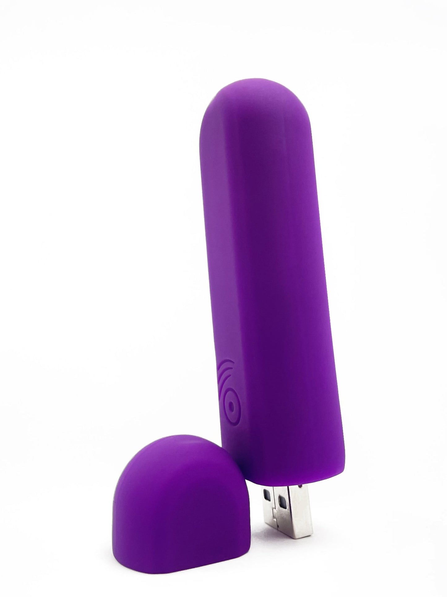 Purple bullet vibrator standing with the cap placed nearby, highlighting its compact and sleek design, Come Now.