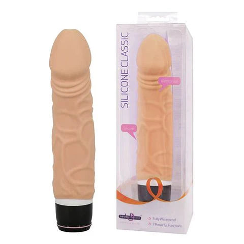 Front-view-of-Silicone-Classic-Wide-Dildo-Flesh-next-to-its-box