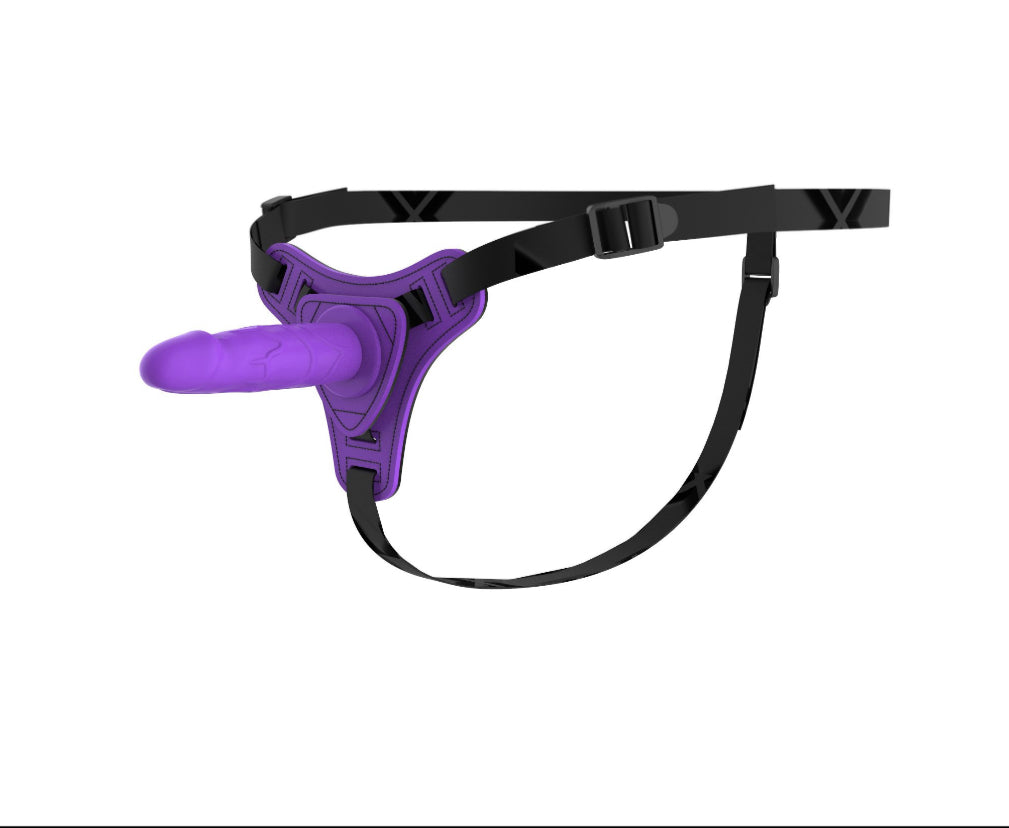 Small-Purple-Strap-On-Dildo-stretched-out-facing-left