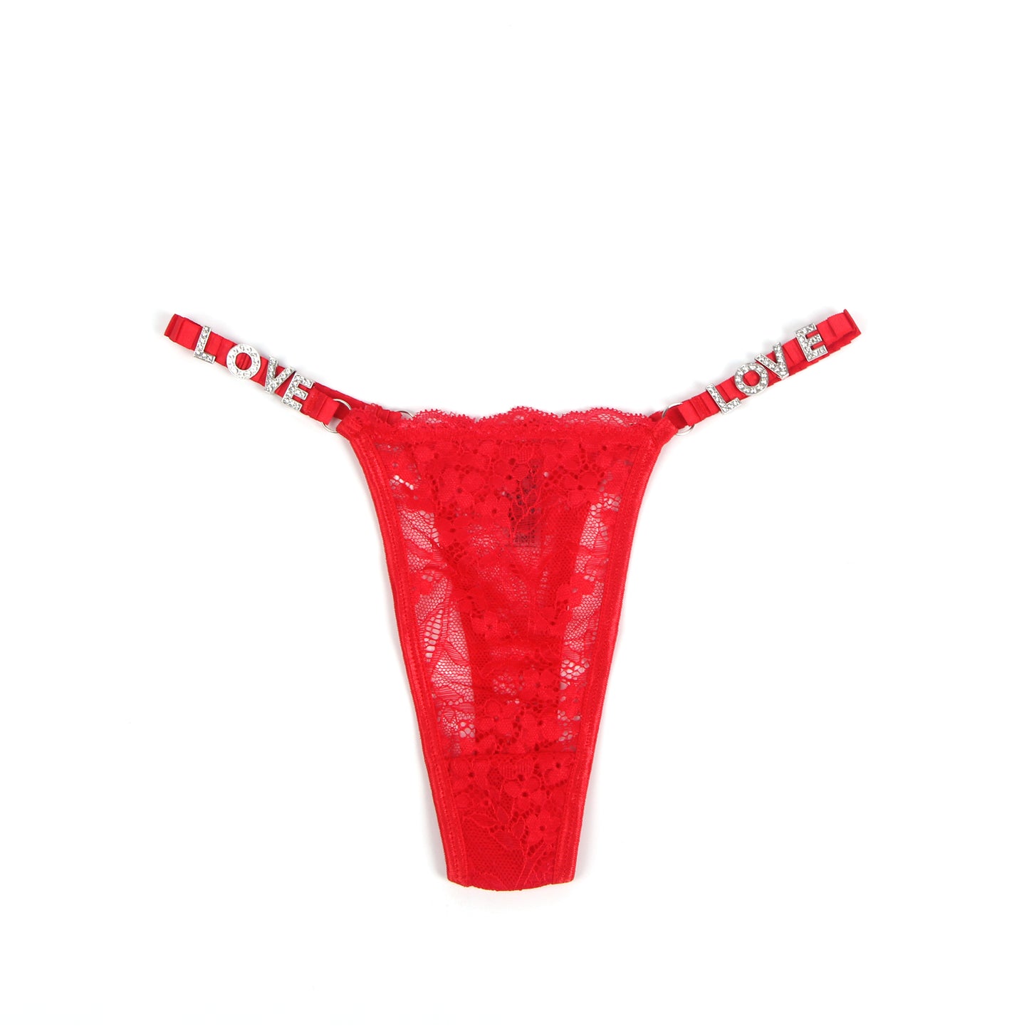 Red Lace LOVE Letters Rhinestone T-back Thong