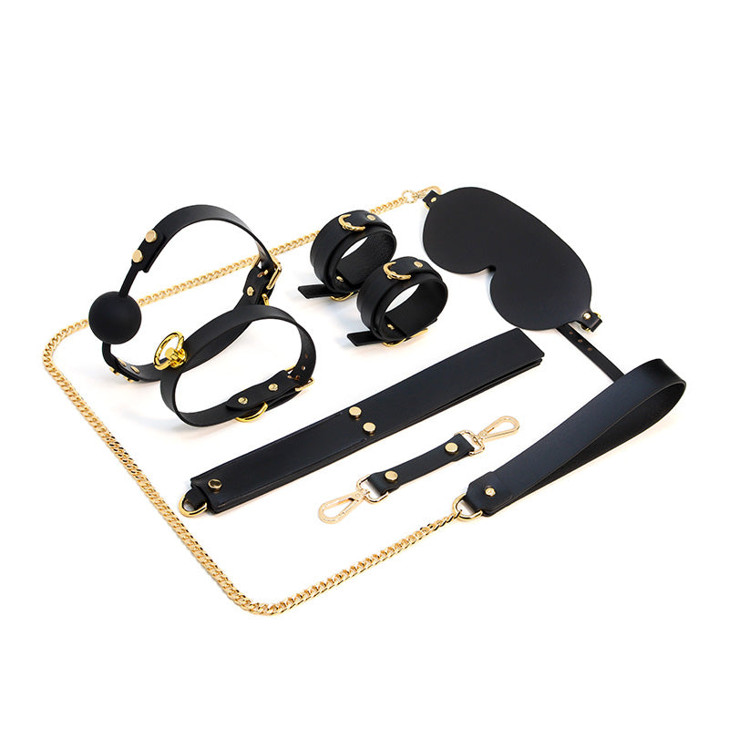 8-piece bondage set in black leather by Come Now, shown from the front view