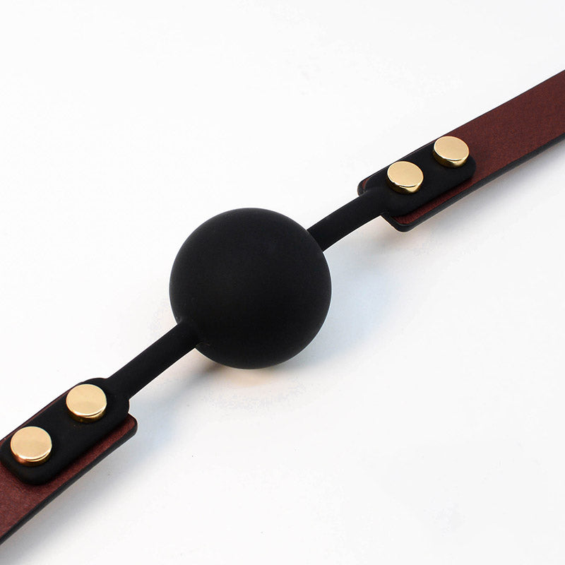 8-piece bondage set in black leather by Come Now, with maroon ball gag, shown from the front view