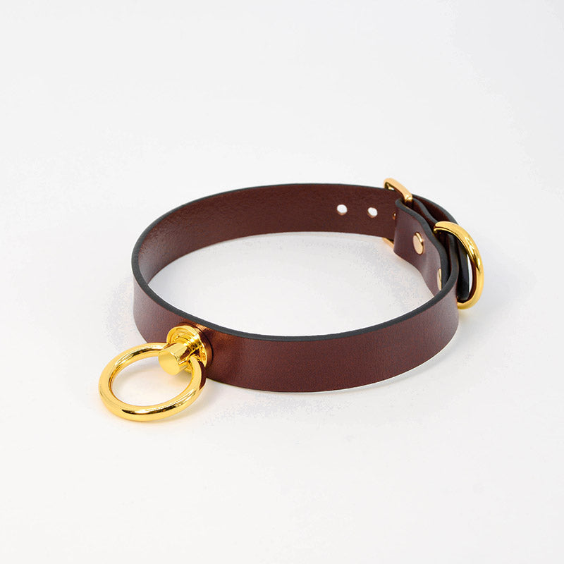 Close-up of maroon leather collar from the 8-piece bondage set by Come Now
