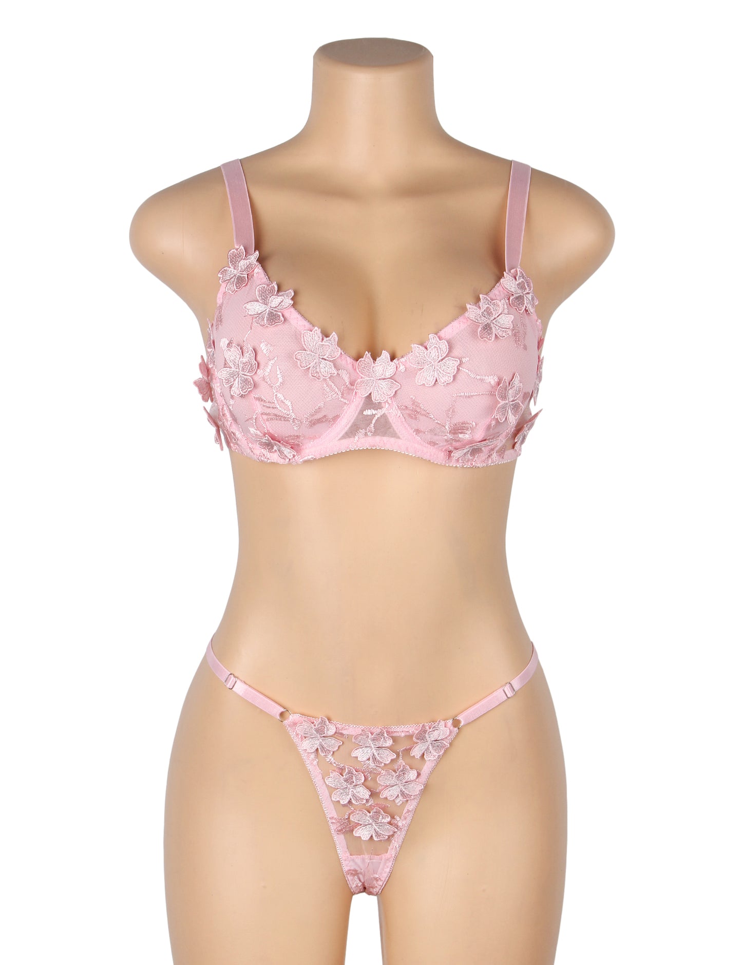 Pink Sexy Floral Mesh Embroidery Lace Bra Set