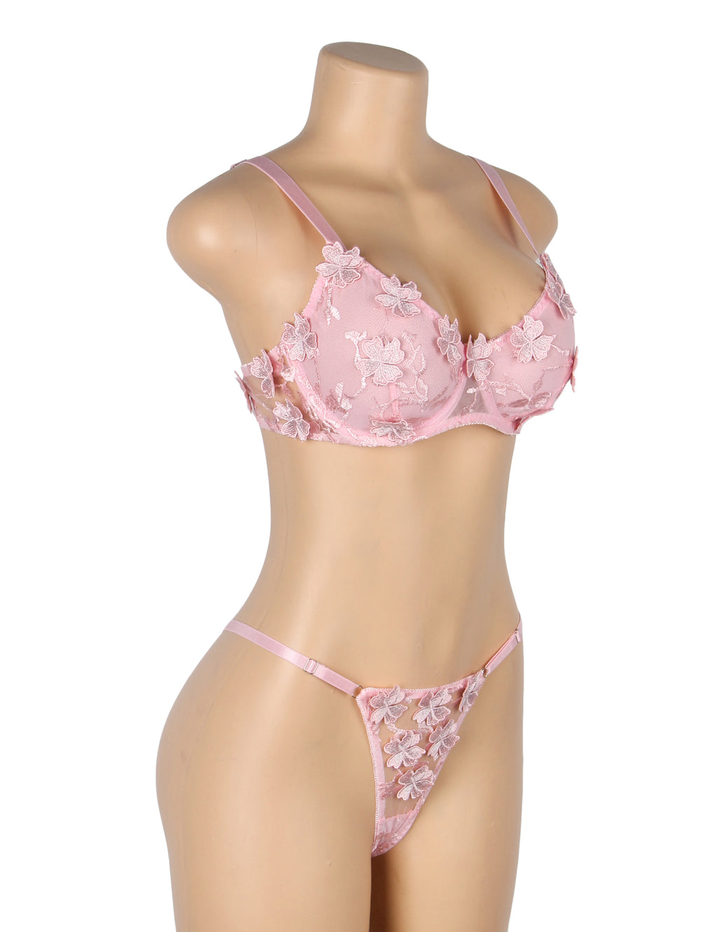 Pink Sexy Floral Mesh Embroidery Lace Bra Set