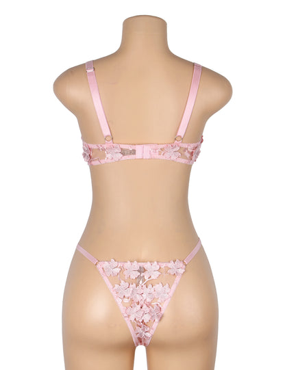 Pink Sexy Floral Mesh Embroidery Lace Bra Set