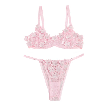 Pink Sexy Floral Mesh Embroidery Lace Bra Set