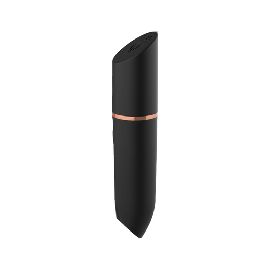 Black cylindrical device with rose gold accent on a white background