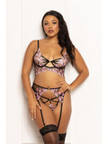 THREE PIECE LONG LINE BRA SET. MULTICOLORED EMBROIDERED FLORAL GALLOON LACE LONG LINE BRA