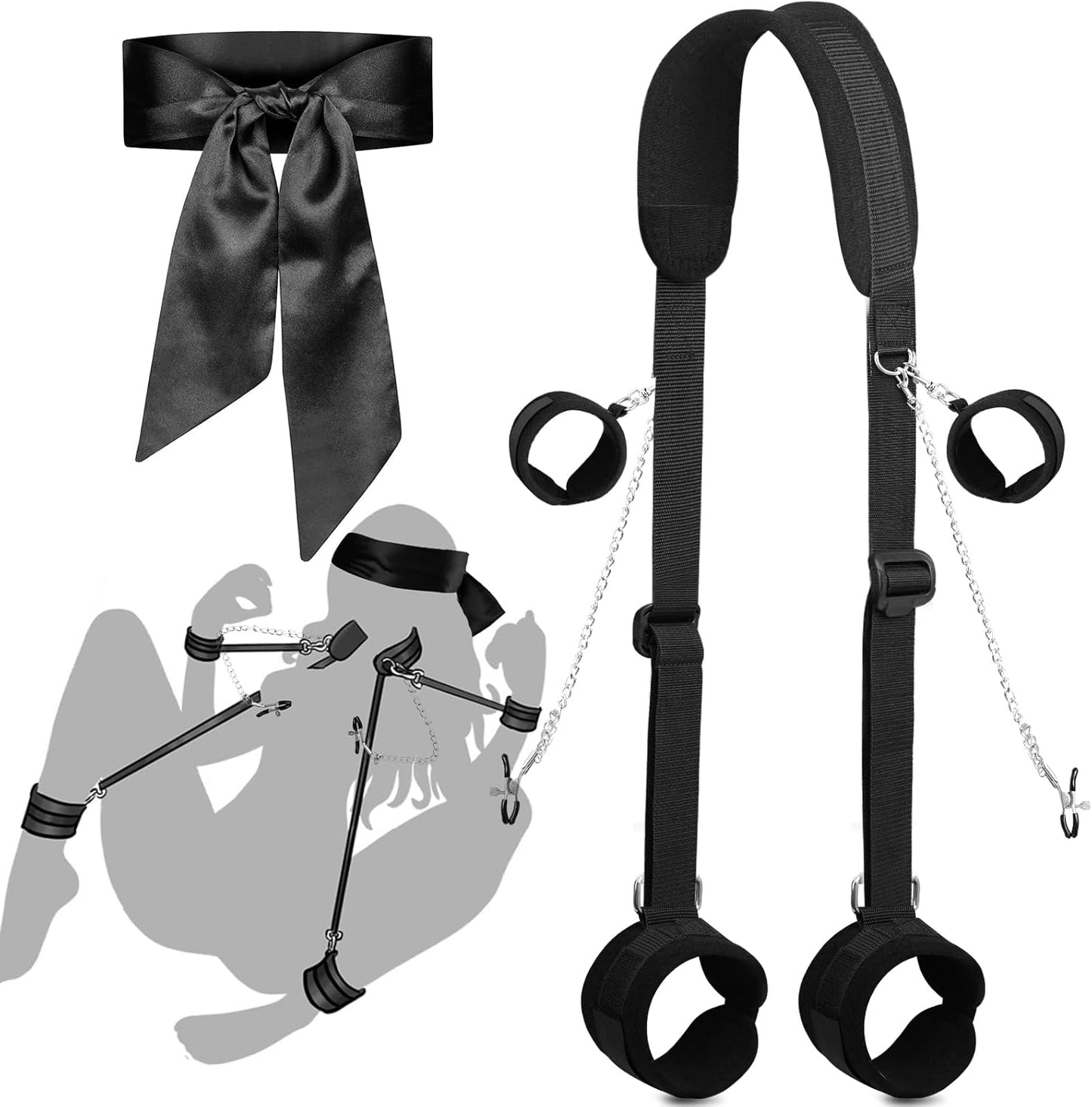 BDSM Set with Handcuffs, Leg Cuffs, Nipple Clamps and Eye Mask