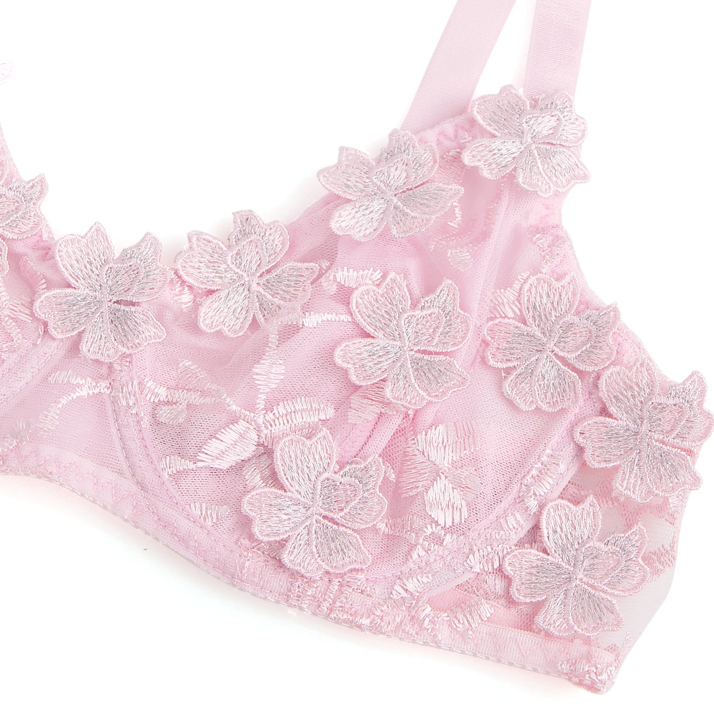 Pink Sexy Floral Mesh Embroidery Lace Bra Set