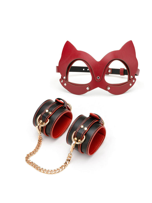 Leather sexy handcuffs black and red front plus leather cosplay mask red front 