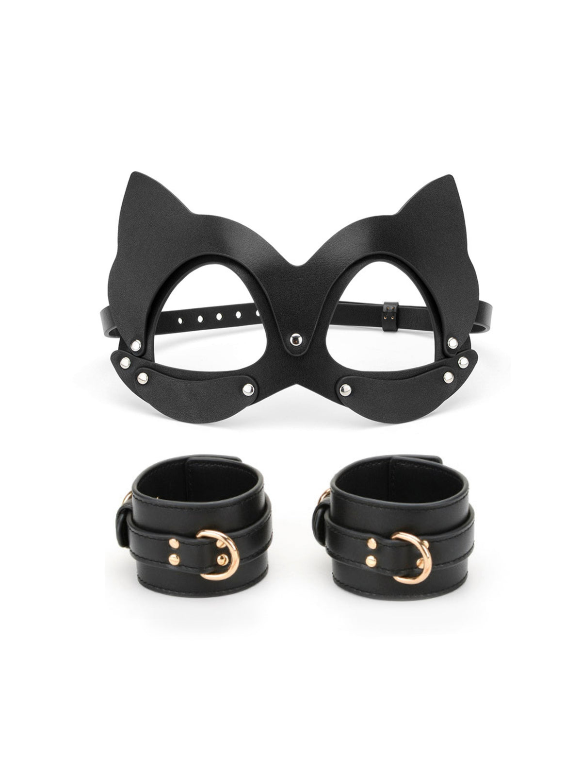 Leather sexy handcuffs black front plus leather cosplay mask blackfront 
