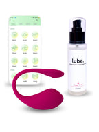 App-controlled pink Love Egg vibrator from Come Now, shown from the front, alongside a white bottle of water-based lubricant