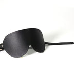Left side view of BDSM Mask, leather, black, Come Now 