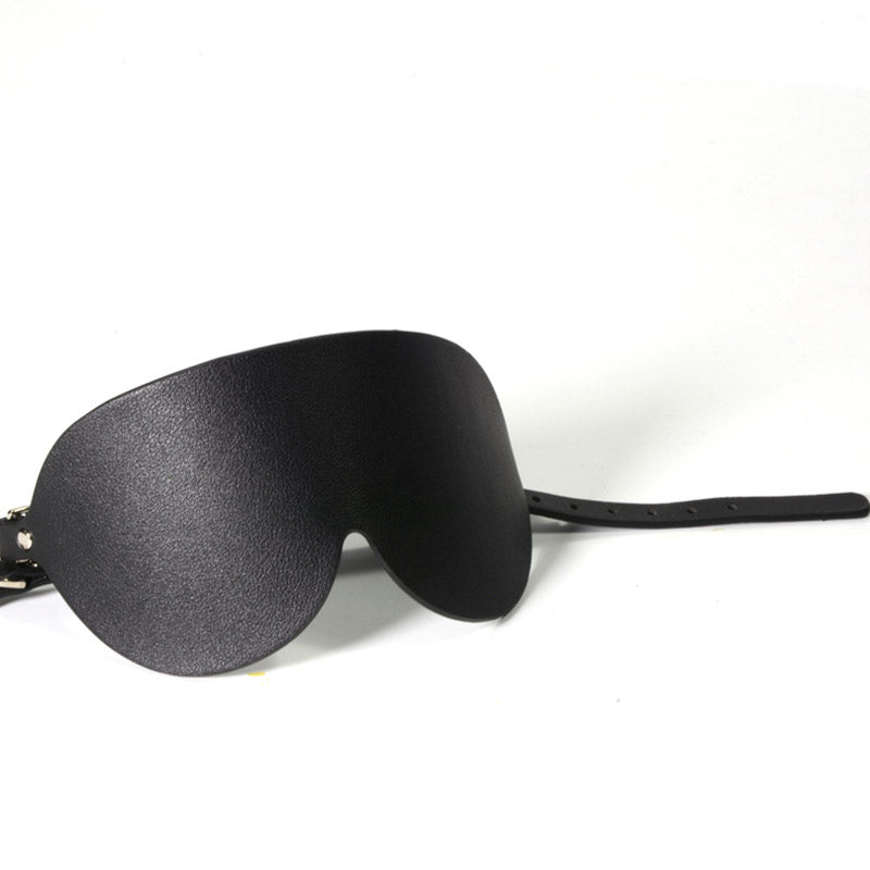 Left side view of BDSM Mask, leather, black, Come Now 