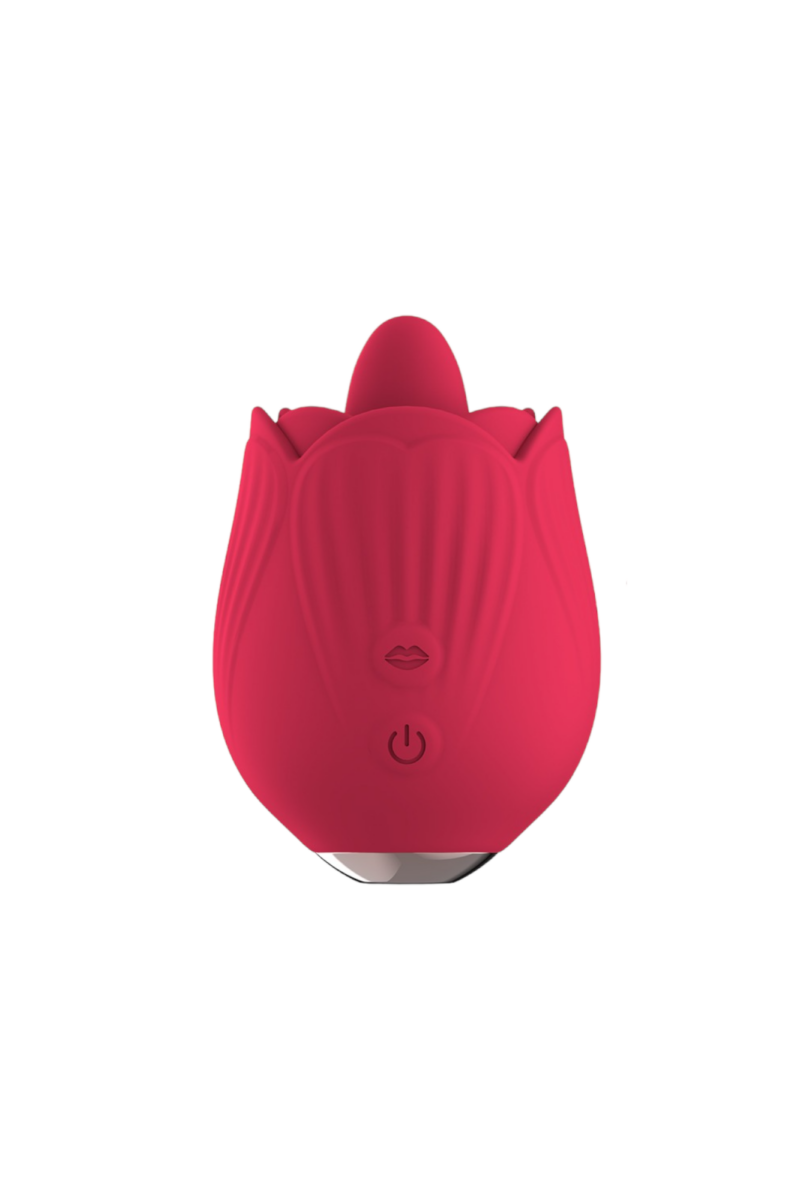 Clit Tongue Flicker standing upright, compact red vibrator on white background – Come Now