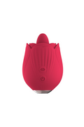 Clit Tongue Flicker standing upright, compact red vibrator on white background – Come Now