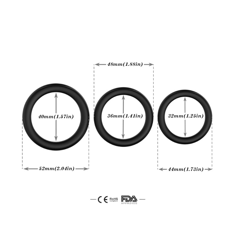 Cock rings for men in black with visible size markings for small, medium, and large sizes by Come Now
