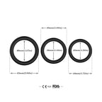 Cock rings for men in black with visible size markings for small, medium, and large sizes by Come Now
