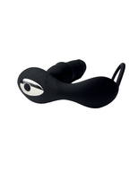 Close-up of prostate massager and cock ring showing buttons from underneath on a white background