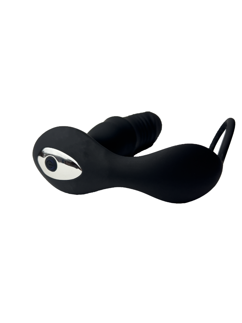 Close-up of prostate massager and cock ring showing buttons from underneath on a white background