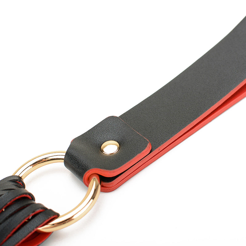eather BDSM whip, red and black colour, handle and ring, Come Now  