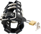 view-from-the-base-of-the-leather-penis-chastity-cage-assembled-and-locked-with-the-key-in-the-lock