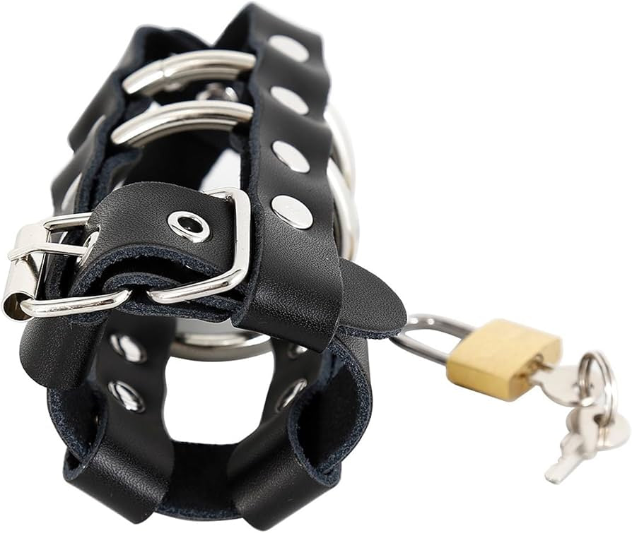 view-from-the-base-of-the-leather-penis-chastity-cage-assembled-and-locked-with-the-key-in-the-lock
