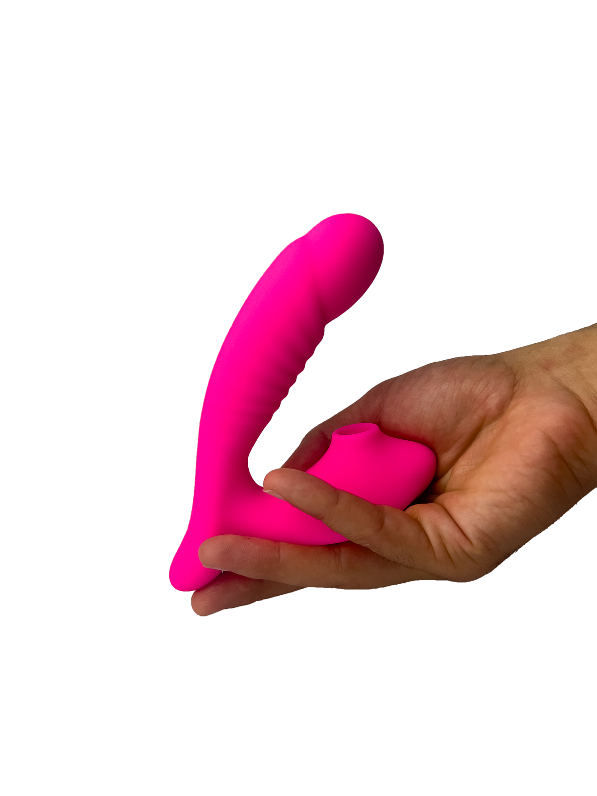 Model-holding-Pink-G-Spot-&-Clitoral-Suction-Vibrator-facing-right