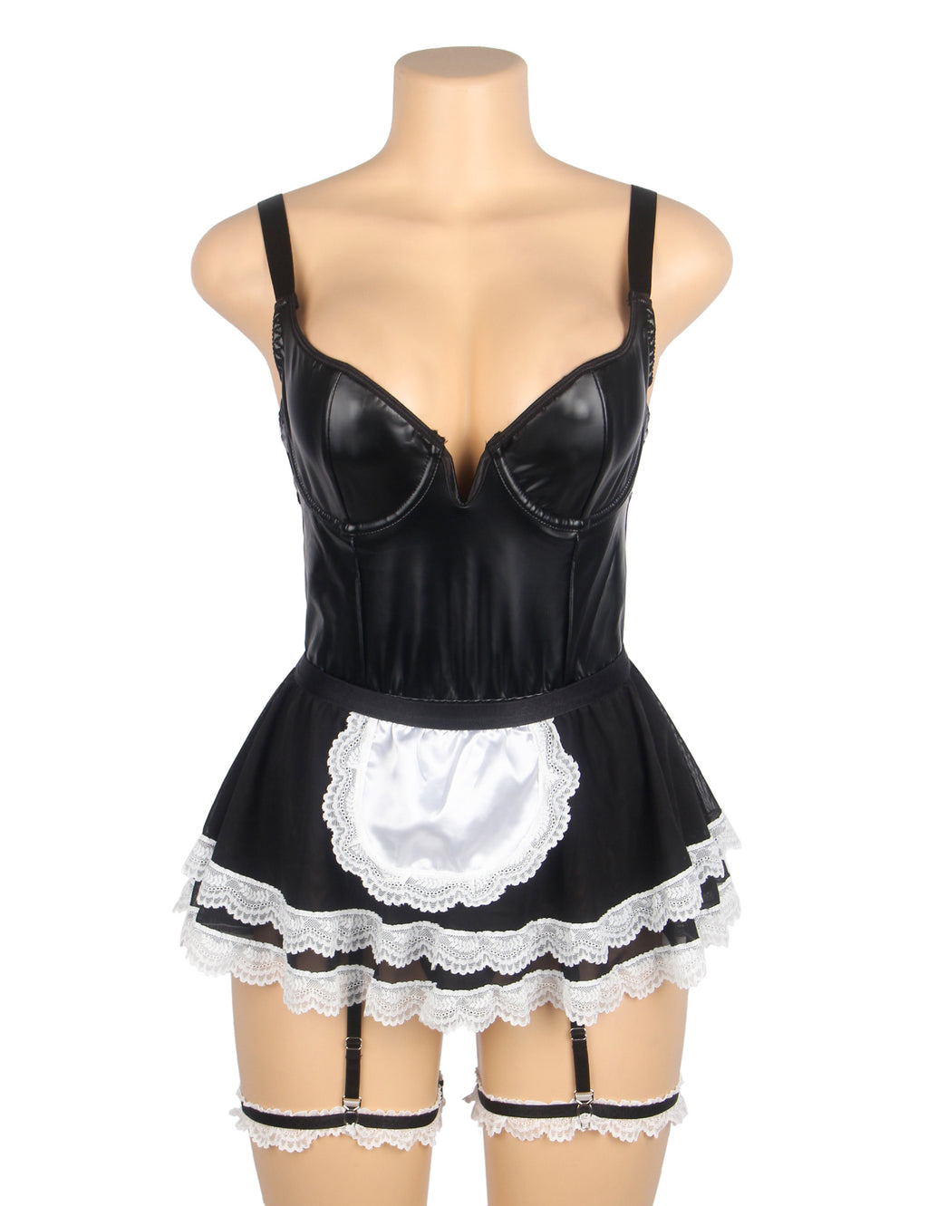 Black Sexy PU Leather Mesh Maid Costume