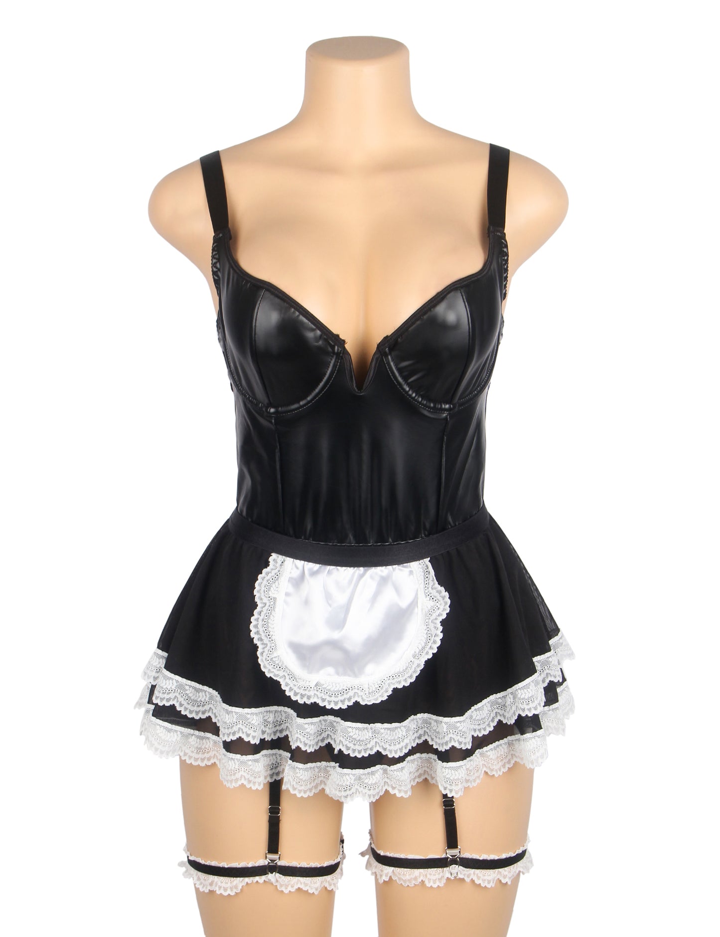 Black Sexy PU Leather Mesh Maid Costume