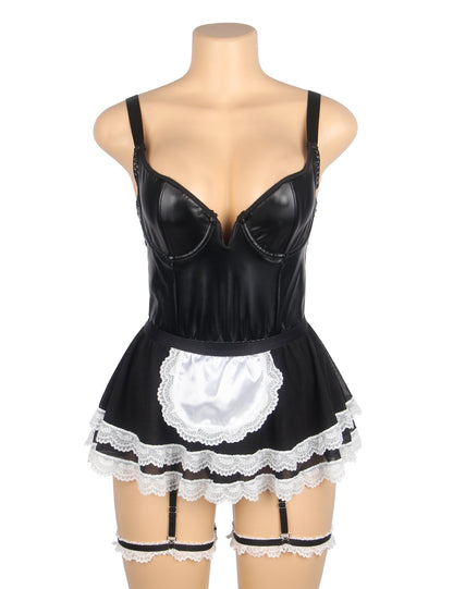 Black Sexy PU Leather Mesh Maid Costume