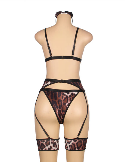 Leopard Print Sexy Head Wear Garter Bra Set