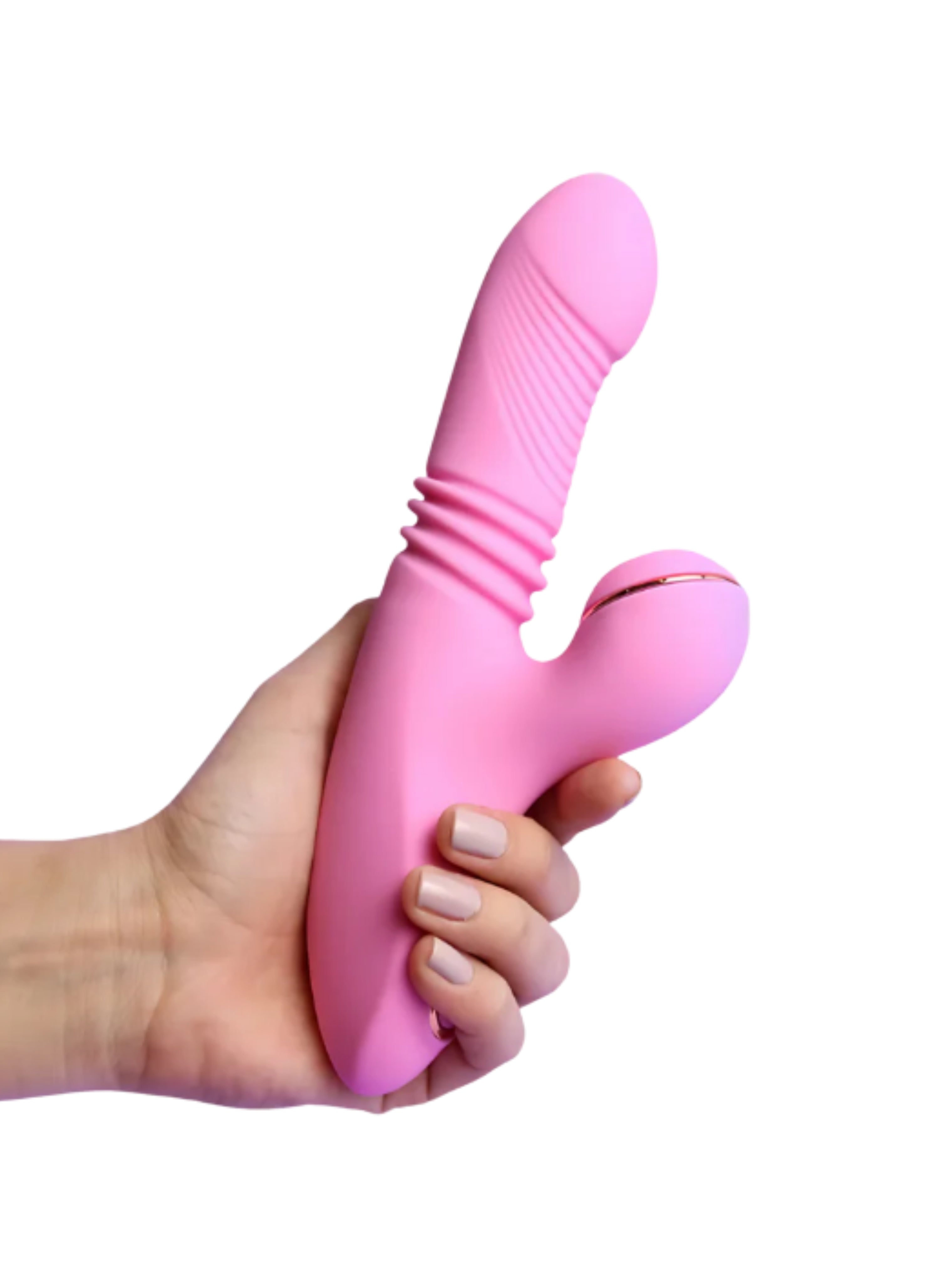 Pink twirling and suction vibrator held in a hand, showing its ergonomic design from the left side